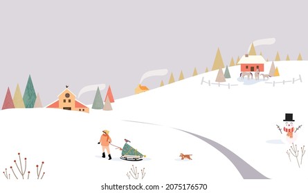 Vector illustration of a Christmas winter landscape postcard.Retro color of winter countryside landscape with  barn and horses.Minimal winter concept.