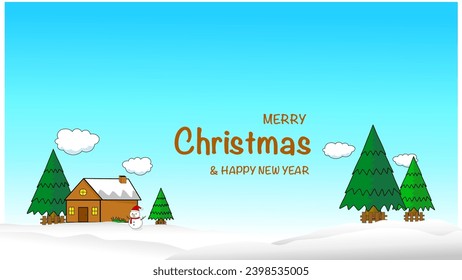 Vector illustration of a Christmas winter landscape Background snowman in Santa hat hut and sky Minimal