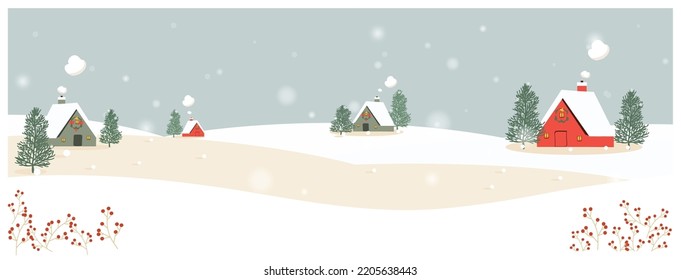 Vektorgrafik einer Winterlandschaft von Weihnachten.Hintergrund Winterlandschaft mit Schneeflocken, Hütte und Himmel.Minimales Winterkonzept.