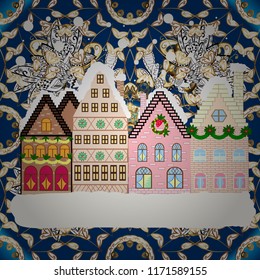 Vector illustration. Christmas winter scene. Background. Evening village winter landscape with snow cove neutral and blue houses.