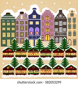 Vector illustration. Christmas winter scene. Evening village winter landscape with snow cove neutral houses. Background.