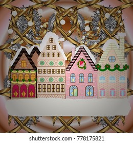 Vector illustration. Christmas winter scene. Background. Evening village winter landscape with snow cove houses.