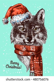 Vector illustration  Christmas wolf. Drawing by hand. Sketch style. Use for posters, postcards, new year design.