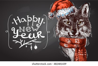Vector illustration  Christmas wolf. Drawing by hand. Sketch style. Use for posters, postcards, new year design.