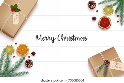 Vector illustration of Christmas wooden background with fir branches and gift boxes