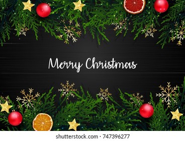 Vector illustration of Christmas wooden background with christmas decorations