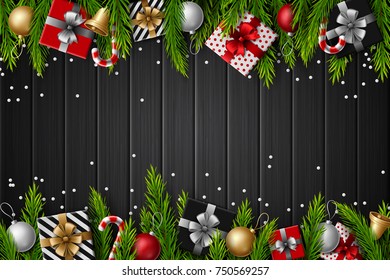 Vector illustration of Christmas wooden background with fir branches and elements on dark background