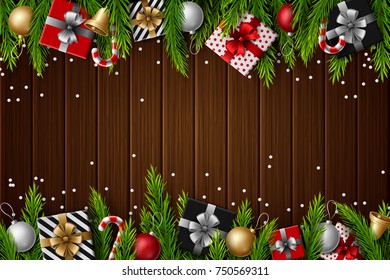 Vector illustration of Christmas wooden background with fir branches and elements