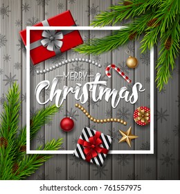 Vector illustration of Christmas wooden background with fir branches and presents