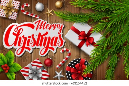 Vector illustration of Christmas wooden background with fir branches and christmas elements