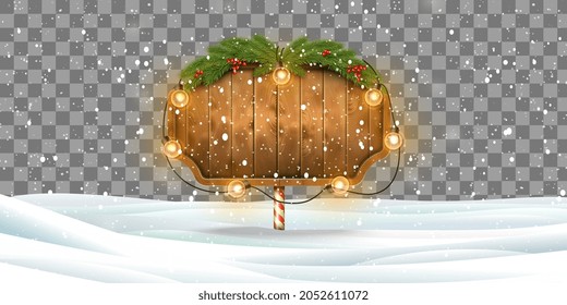 Vector Illustration of Christmas Wooden Signboard With Lights on Transparent Background, Xmas Greeting Card Template