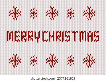 Ilustración vectorial de la Navidad. Patrón de hilo lana. Feliz texto navideño y patrón de nieve. Diseño de tarjetas de felicitación en rojo y blanco.