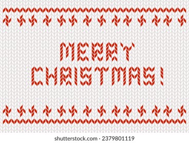 Vector illustration of Christmas. Woolen yarn pattern. Merry Christmas text and snow pattern. Red and white greeting card design.