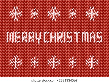 Vector illustration of Christmas. Woolen yarn pattern. Merry Christmas text and snow pattern. Red and white greeting card design.