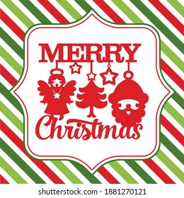 A vector illustration of christmas word art with jingle all the way sayings phrase on a fancy frame against a colorful christmas theme green and red stripe background.