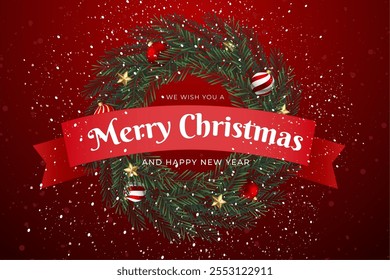Vector illustration of a Christmas wreath adorned with a red ribbon banner, pine branches, and festive ornaments for a classic holiday greeting.