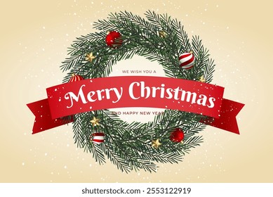 Vector illustration of a Christmas wreath adorned with a red ribbon banner, pine branches, and festive ornaments for a classic holiday greeting.