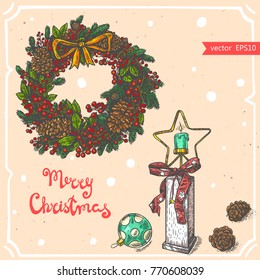 Vector illustration of christmas wreath,  bow, christmas star candlestick, christmas ball, cones. Tree branch,cones,berries sketch.Linear art in vintage style for your design.