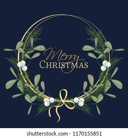 Vector illustration of Christmas wreath with branches and mistletoe. Happy Christmas greeting card