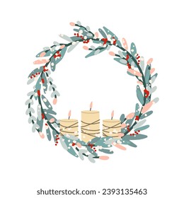 Vector illustration of a Christmas wreath with candles. A circle of various branches and berries sprinkled with snow. Festive winter decoration isolated on a white background.