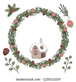 Vector illustration of Christmas wreath of colored branches