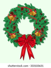 Vector illustration of christmas wreath. It contains bells, cones, ribbons, baubles and big red bow.