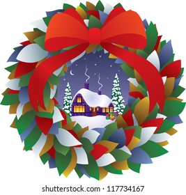 Vector illustration of a Christmas wreath and countryside