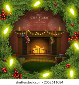 Vector Illustration of Christmas Wreath With Decorated Fireplace Inside, Xmas Card, Poster or Banner