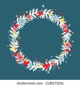 Vector illustration with Christmas wreath of fir branches on blue background. Colorful wreath frame with white background for postcards, invitations, poster print. 