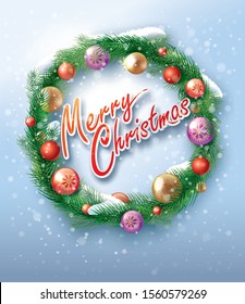 Vector illustration of christmas wreath. Green fir branches, glance and bright multi-colored christmas toys. Snow on the branches. Snowflakes background and "Merry Christmas" lettering