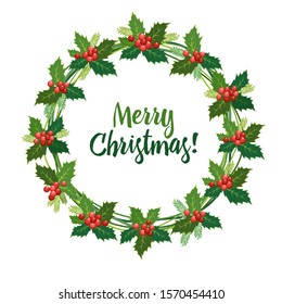 Vector illustration Christmas wreath of holly with red berries and fir-tree branches. New Year holiday celebration. Round frame for Christmas cards, banners and winter design for social media.