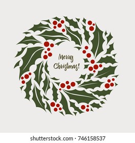 Vector Illustration Christmas Wreath Of Holly With Red Berries. New Year Holiday Celebration In December. Icon Isolated On Light Background. 