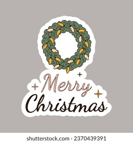 Vector illustration of Christmas wreath. Icon isolated on white background.	Cool sticker