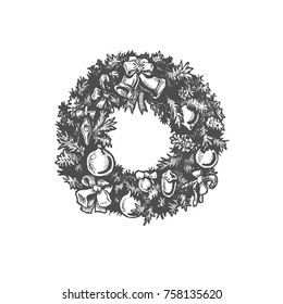 Vector illustration of Christmas wreath in ink hand drawn style.