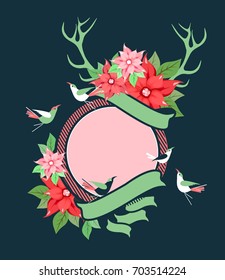 Vector illustration of a Christmas wreath nest of a bird on a black background with the inscription holy night