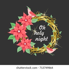 Vector illustration of a Christmas wreath nest of a bird on a black background with the inscription holy night