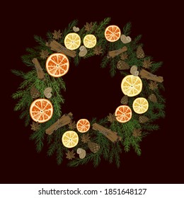 Vector illustration Christmas wreath on burgundy background for decoration