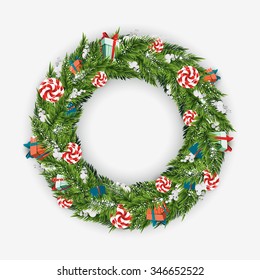 Vector illustration of a Christmas wreath on a white background decorated with candy, small gifts and white berries.Christmas decorations.