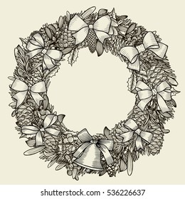 Vector illustration of christmas wreath on beige background, retro frame. Tree branch,cones,berries sketch. Linear art in vintage style for your design.