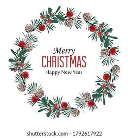 Vector illustration of a Christmas wreath with ornaments. Christmas balls in a branch with mistletoe