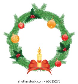 Vector illustration of christmas wreath with red bow and candle