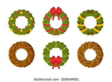 Vector illustration of christmas wreath set. Six beautiful Christmas wreaths. 