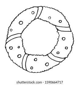 Vector illustration of Christmas wreath single element. Black outlines isolated on white background. Doodle style. Christmas motifs. Decoration for greeting cards, gifts, wrapping paper etc.