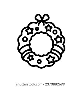 Vector illustration of christmas wreath with stars, balls and ribbon. Minimal icon in line style for christmas, new year celebration, festive decorations.  Simple design for winter ornaments.