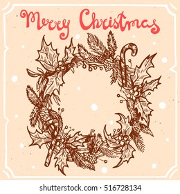 Vector illustration of christmas wreath,candies,text Merry Christmas on the background with abstract paper texture,retro frame.Letters,tree branch sketch.Linear art in vintage style for your design.