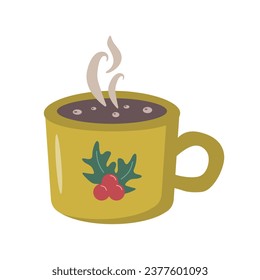 Vector illustration. Christmas yellow mug decorated with berries. Winter hot drink. Cozy design element.
