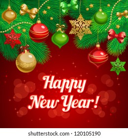 Vector illustration of Christmas/New Year decor: tree, balls, bows, snowflakes. Colorful background for your design of greeting cards, invitations, congratulations