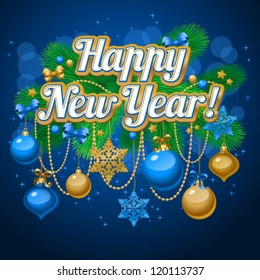 Vector illustration of Christmas/New Year decor: tree, balls, bows, snowflakes. Colorful background for your design of greeting cards, invitations, congratulations