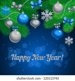 Vector illustration of Christmas/New Year decor: tree, balls, bows, snowflakes. Colorful background for your design of greeting cards, invitations, congratulations