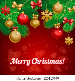 Vector illustration of Christmas/New Year decor: tree, balls, bows, snowflakes. Colorful background for your design of greeting cards, invitations, congratulations